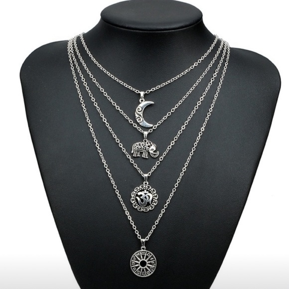 Elephant Moon Pendant Multi Layer Chain Necklace - Picture 2 of 5